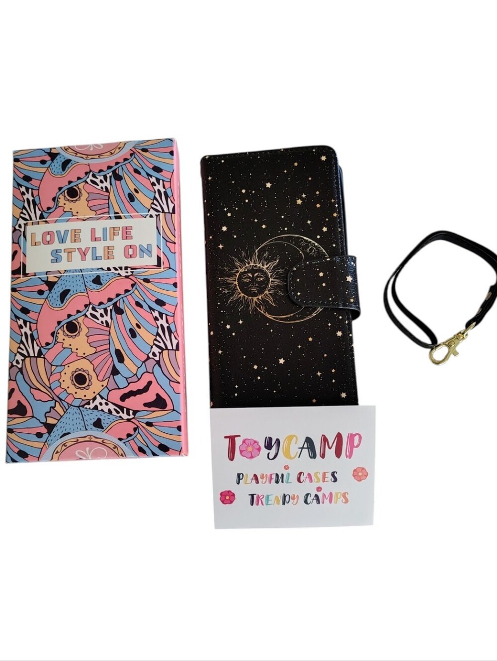 Toycamp Black Phone Carryall Open Flap Card Case With Gold Moon and Stars - Picture 2 of 9